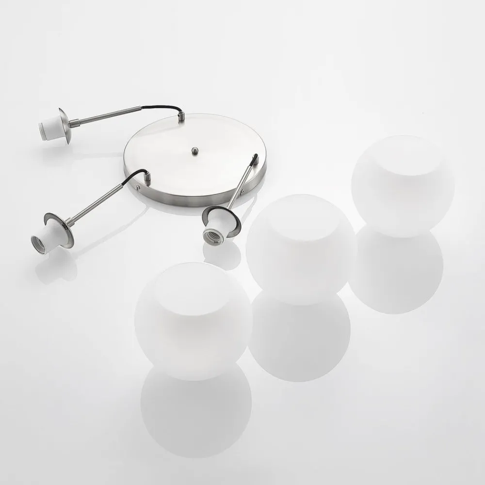 Pendellamper ^ Lindby hængelampe Jurian, Ø 32 cm, 3 lyskilder, nikkel/opal, glas