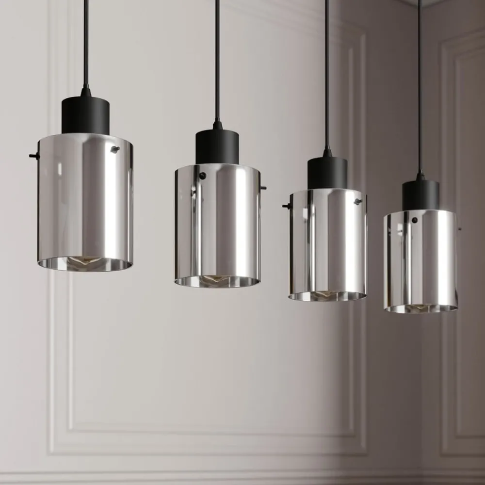 Pendellamper|Pendellamper ^ Lindby hængelampe Kourtney, 4 lyskilder, sort/grå, glas, E27