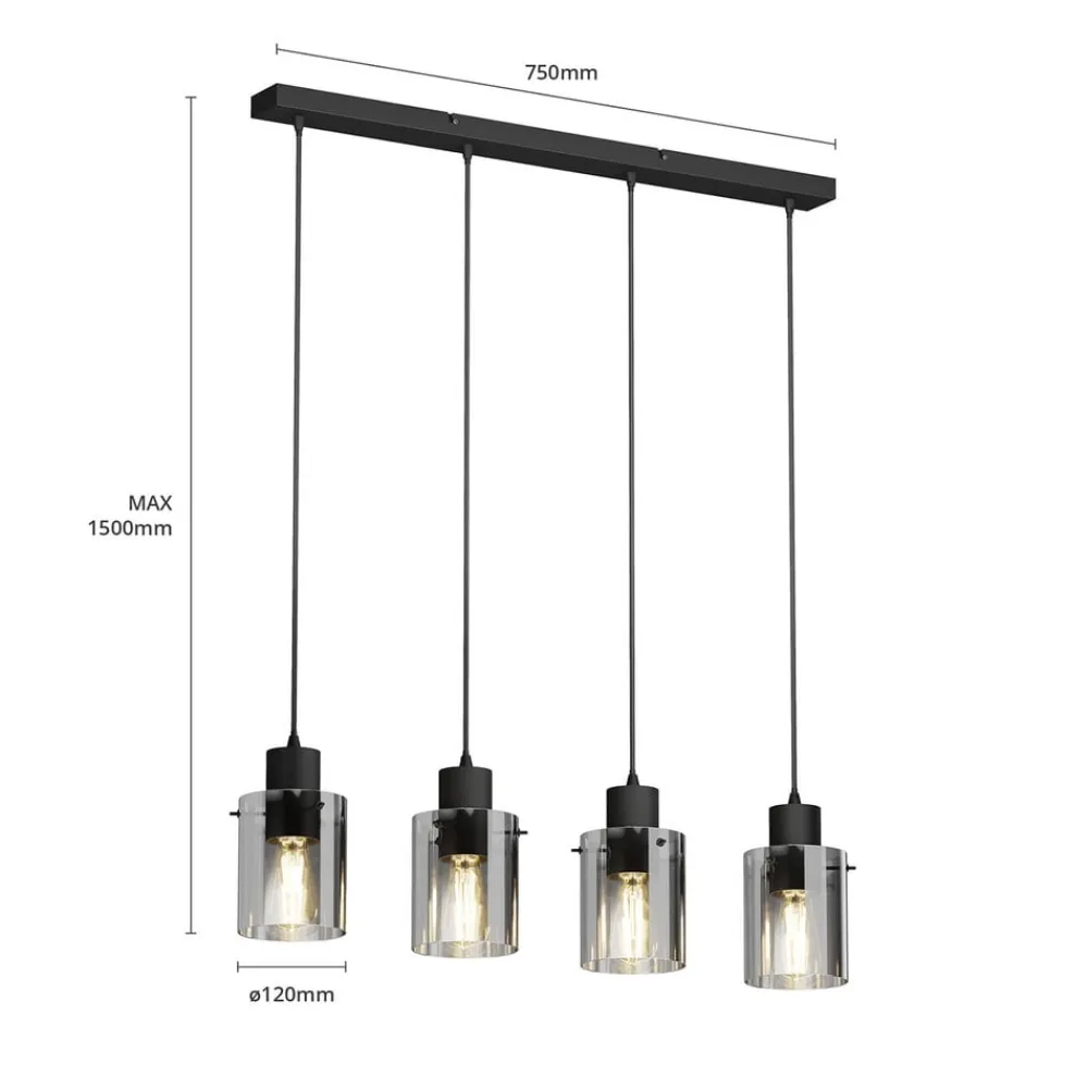 Pendellamper|Pendellamper ^ Lindby hængelampe Kourtney, 4 lyskilder, sort/grå, glas, E27