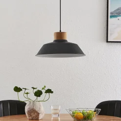 Lindby Pendellamper > hængelampe Nefeli, Ø 42 cm, sort, træ, metal