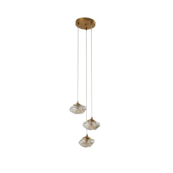 Pendellamper|Pendellamper ^ Lindby hængelampe Piatra, Ø25cm, 3 lyskilder, cognac/messing, glas