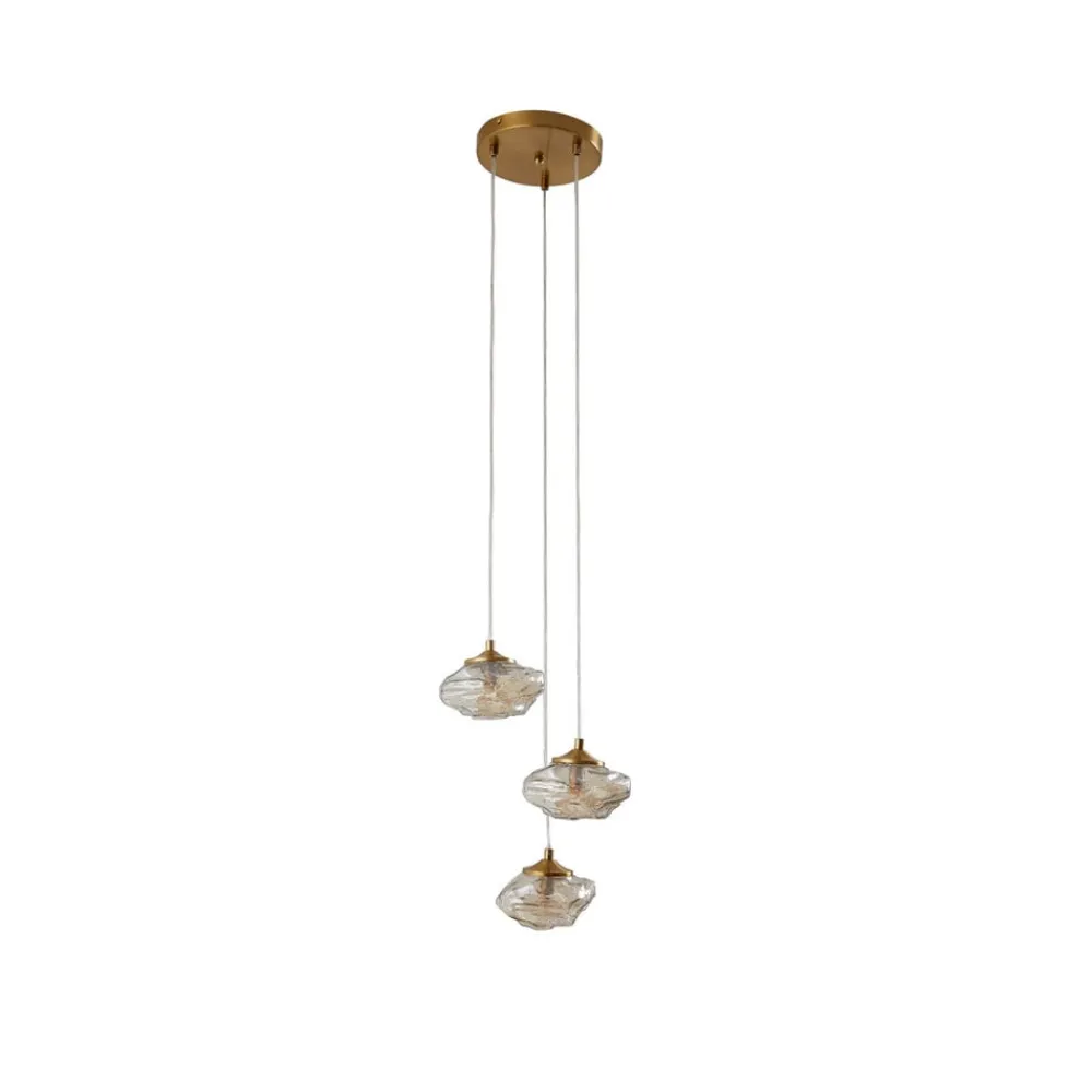 Pendellamper|Pendellamper ^ Lindby hængelampe Piatra, Ø25cm, 3 lyskilder, cognac/messing, glas