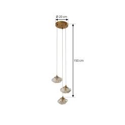 Pendellamper|Pendellamper ^ Lindby hængelampe Piatra, Ø25cm, 3 lyskilder, cognac/messing, glas