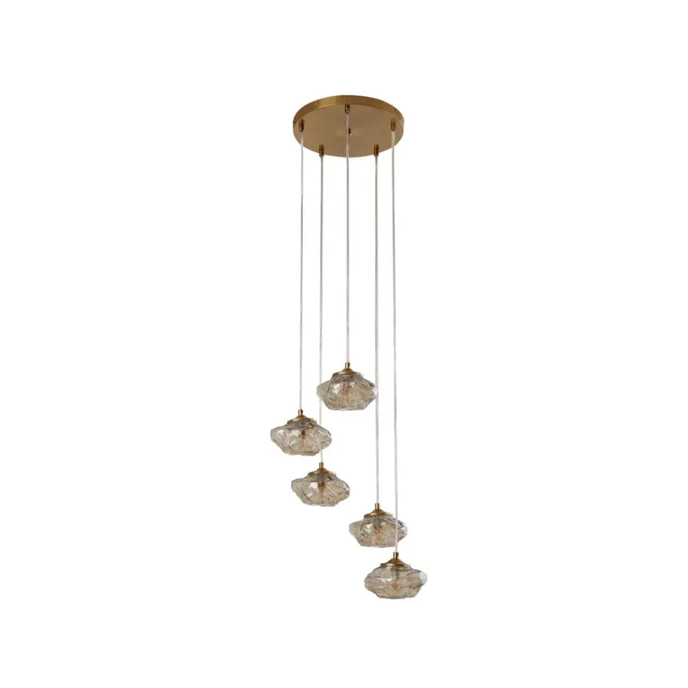 Pendellamper ^ Lindby hængelampe Piatra, Ø45cm, 5 lyskilder, cognac/messing, glas