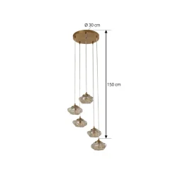 Pendellamper ^ Lindby hængelampe Piatra, Ø45cm, 5 lyskilder, cognac/messing, glas