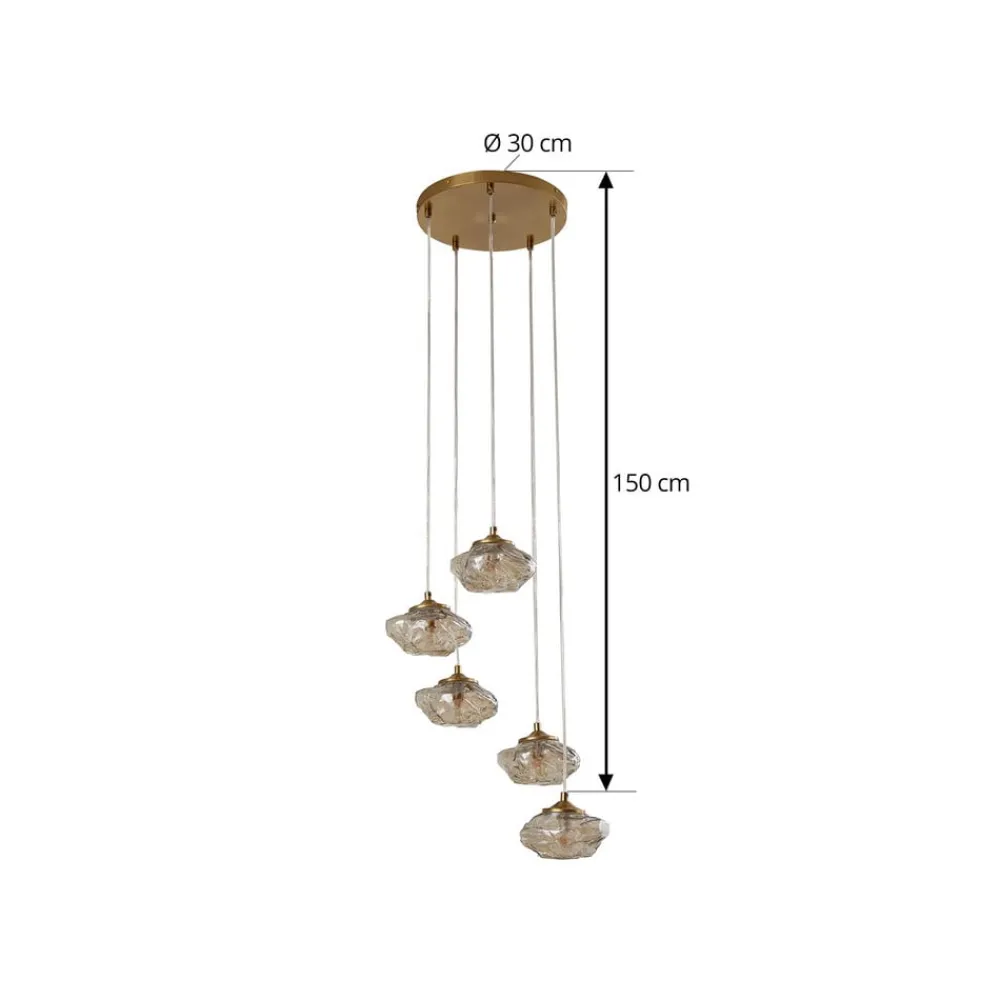 Pendellamper ^ Lindby hængelampe Piatra, Ø45cm, 5 lyskilder, cognac/messing, glas