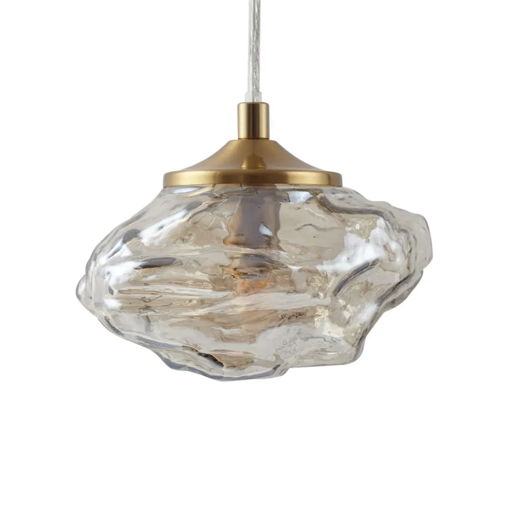 Pendellamper ^ Lindby hængelampe Piatra, Ø45cm, 5 lyskilder, cognac/messing, glas