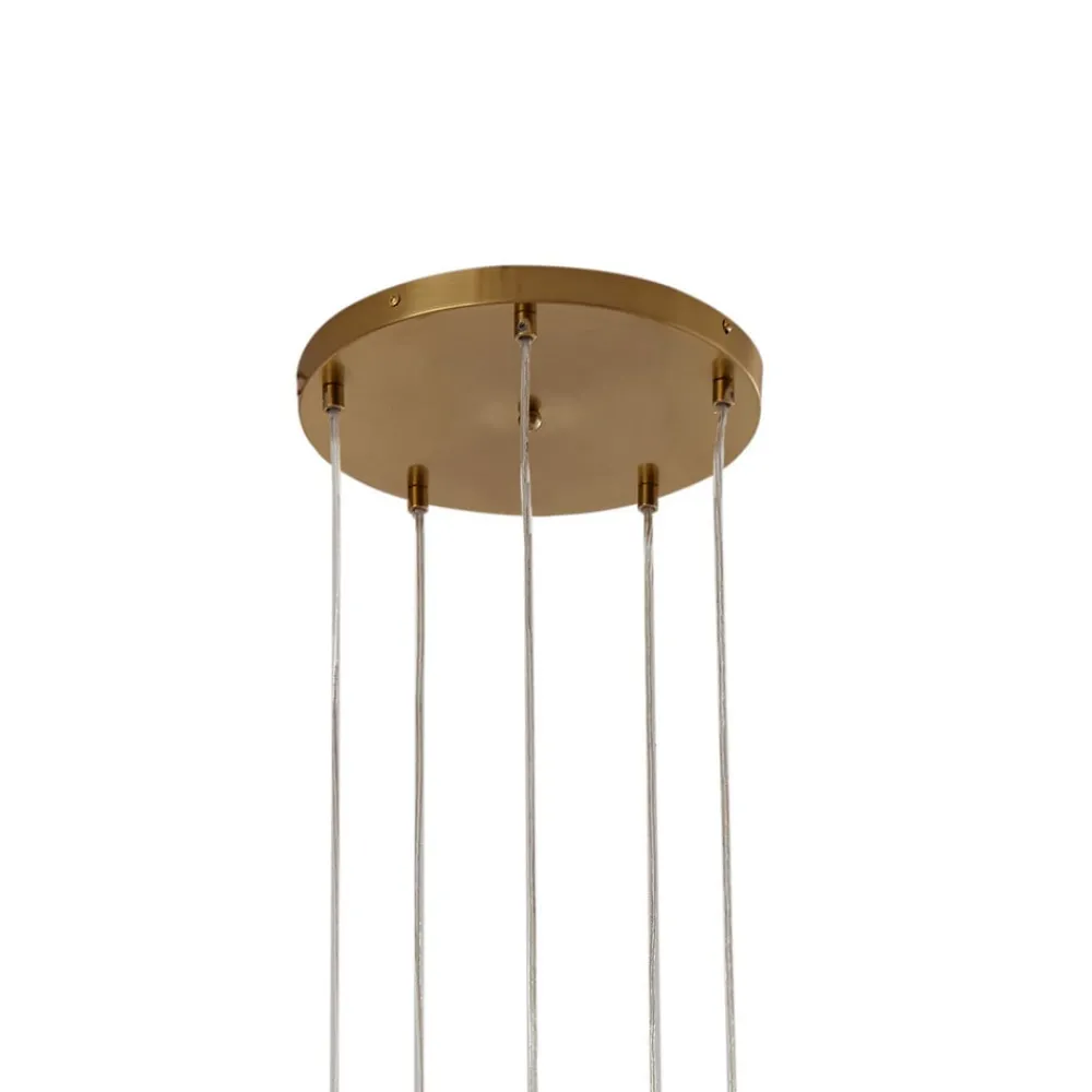 Pendellamper ^ Lindby hængelampe Piatra, Ø45cm, 5 lyskilder, cognac/messing, glas