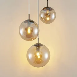 Pendellamper|Pendellamper ^ Lindby hængelampe Teeja, amber, 3 lyskilder, Ø52cm, glas, E27