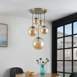 Lindby Pendellamper > hængelampe Teeja, amber, 5 lyskilder, Ø50cm, glas, E27