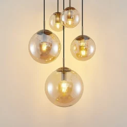 Lindby Pendellamper > hængelampe Teeja, amber, 5 lyskilder, Ø50cm, glas, E27
