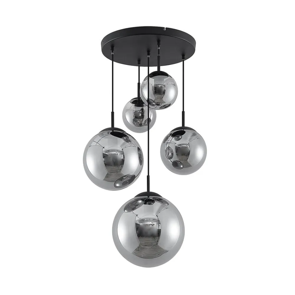 Pendellamper ^ Lindby hængelampe Teeja, smoke, 5 lyskilder, Ø50cm, glas, E27