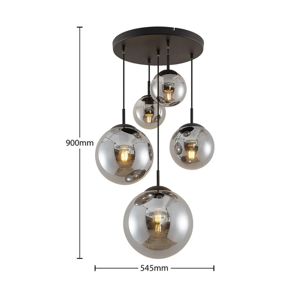 Pendellamper ^ Lindby hængelampe Teeja, smoke, 5 lyskilder, Ø50cm, glas, E27