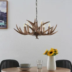 Pendellamper|Pendellamper ^ Lindby hængelampe Tejask, Ø 70 cm, 6 lyskilder, gevir, E14