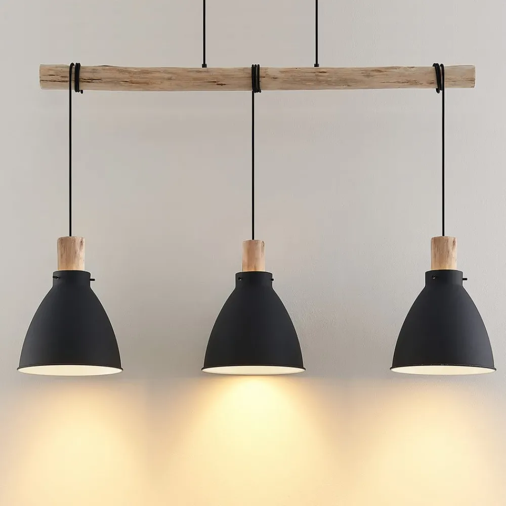 Pendellamper|Pendellamper ^ Lindby hængelampe Trebale, E27, Ø 28 cm, 3 lyskilder, træ