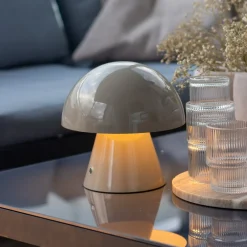 Bordlamper ^ Lindby LED genopladelig bordlampe Nevijo, grå, Ø18cm, USB, dæmper
