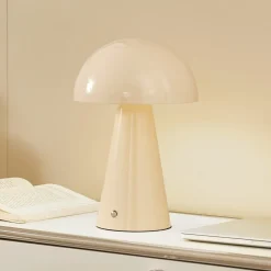 Bordlamper ^ Lindby LED genopladelig bordlampe Nevijo, beige, Ø20cm, USB, dæmper