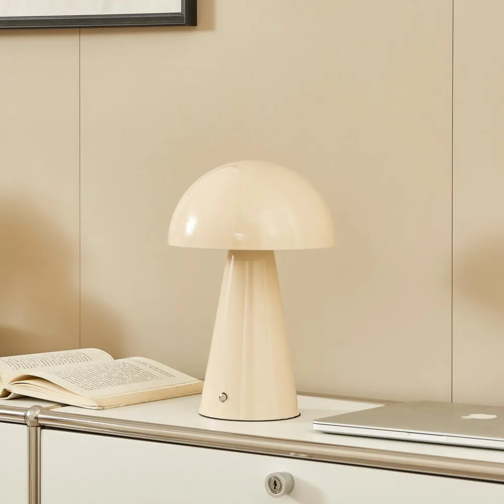 Bordlamper ^ Lindby LED genopladelig bordlampe Nevijo, beige, Ø20cm, USB, dæmper