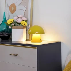 Bordlamper ^ Lindby LED genopladelig bordlampe Nevijo, gul, Ø18cm, USB, dæmper