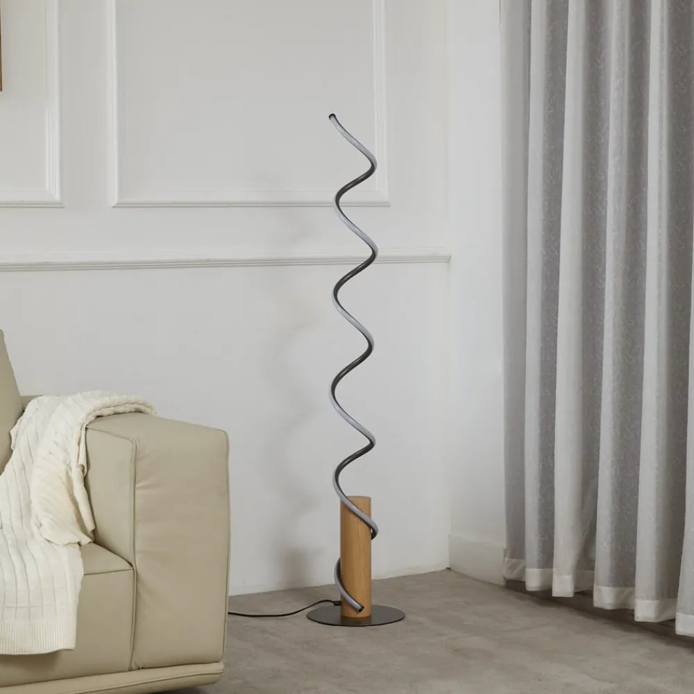 Pendellamper|Gulvlamper ^ Lindby LED-gulvlampe Spiraali, grå, træ, højde 133 cm