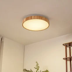 Gang|Loftlamper ^ Lindby LED-loftlampe Velua, hvid/lys træ, CCT, Ø 50 cm