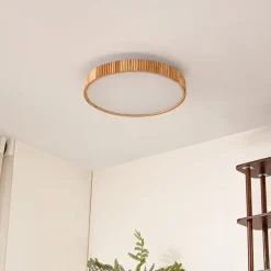 Gang|Loftlamper ^ Lindby LED-loftlampe Velua, hvid/lys træ, CCT, Ø 50 cm