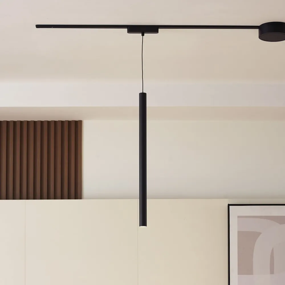 Lindby Skinnesystem > LED-pendellampe Lumaro, sort, Ø3cm,aluminium,48V,dæmpbar