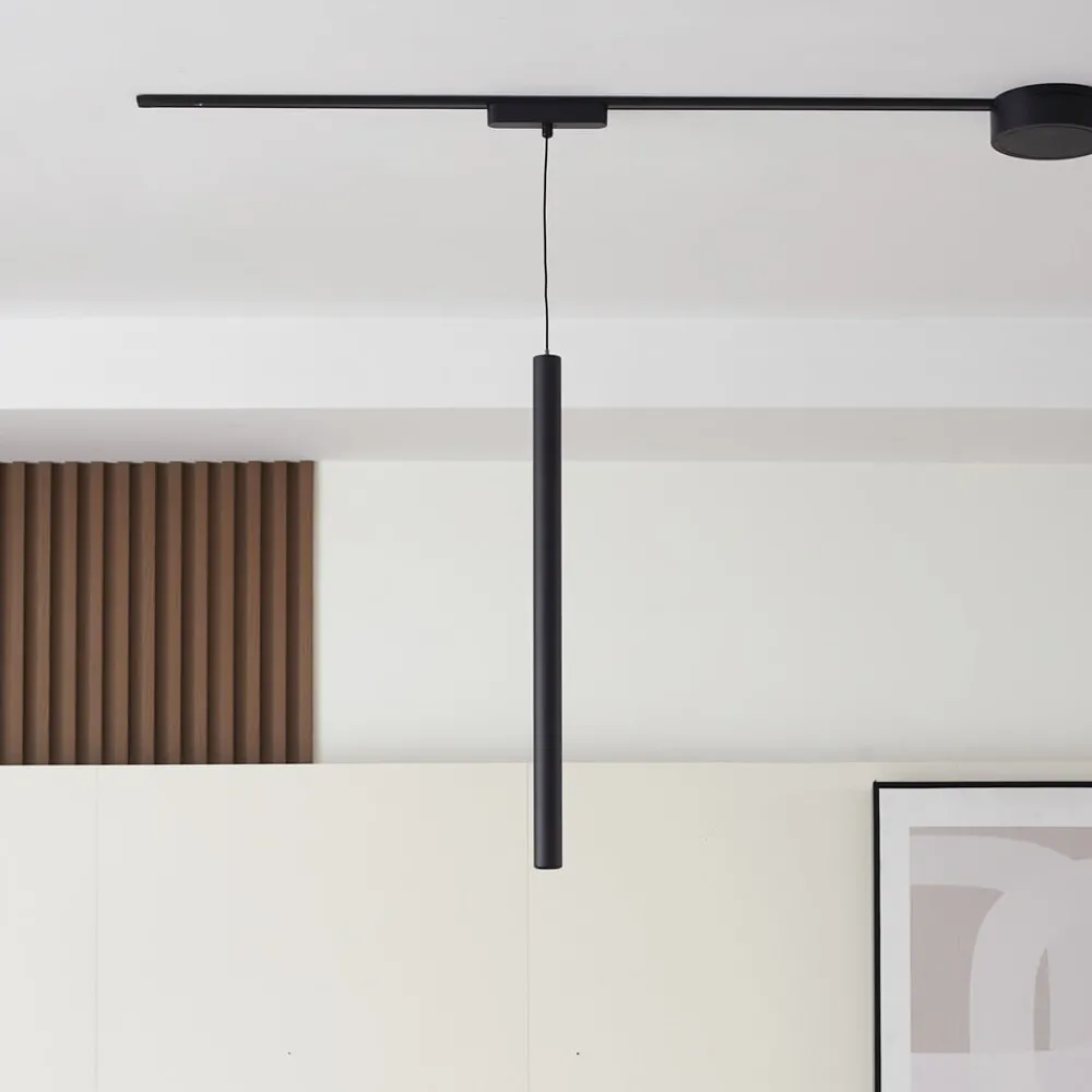 Lindby Skinnesystem > LED-pendellampe Lumaro, sort, Ø3cm,aluminium,48V,dæmpbar