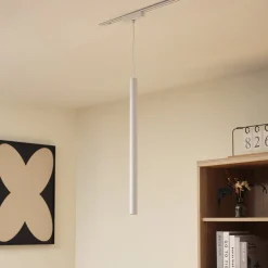 Lindby Skinnesystem > LED-pendellampe Lumaro, hvid, Ø 3cm,aluminium,48V,dæmpbar