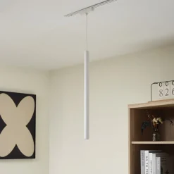 Lindby Skinnesystem > LED-pendellampe Lumaro, hvid, Ø 3cm,aluminium,48V,dæmpbar