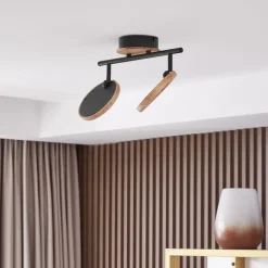Spotlights ^ Lindby LED-spotlight Manel, træ, 37 cm lang, 2 lyskilder