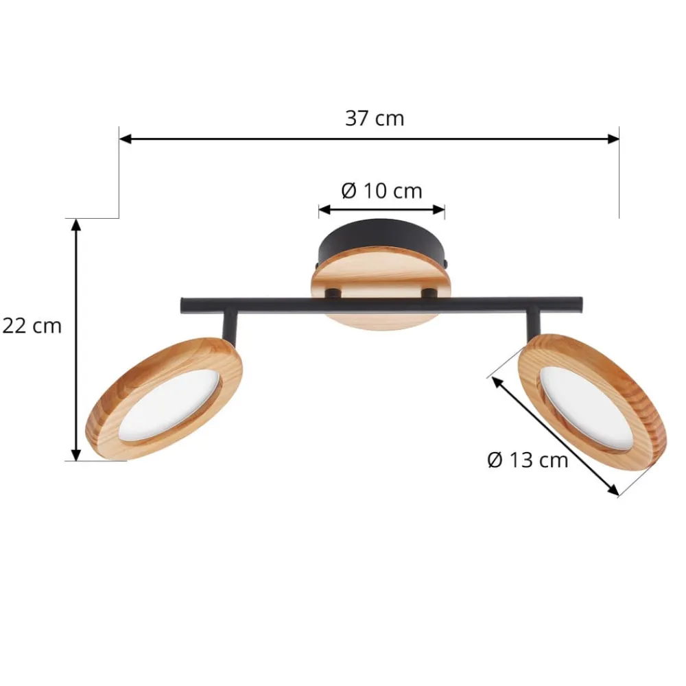 Spotlights ^ Lindby LED-spotlight Manel, træ, 37 cm lang, 2 lyskilder