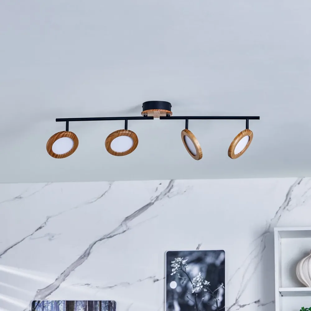 Spotlights ^ Lindby LED-spotlight Manel, træ, 84 cm lang, 4 lyskilder