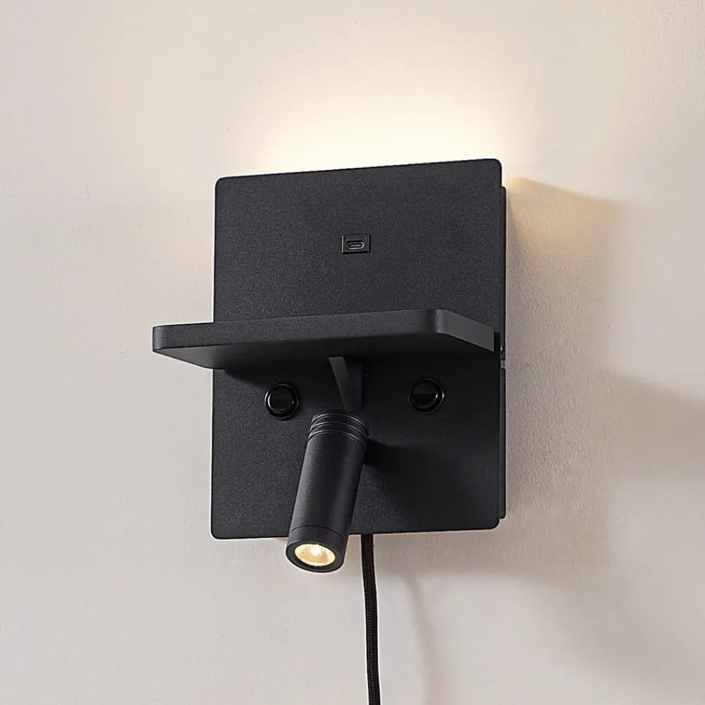 Gang|Væglamper ^ Lindby LED-væglampe Auden, sort, stik, ladestation