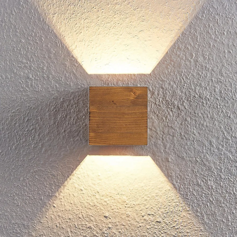 Væglamper|Væglamper ^ Lindby LED-væglampe Benicio, 11 cm, kantet, træ