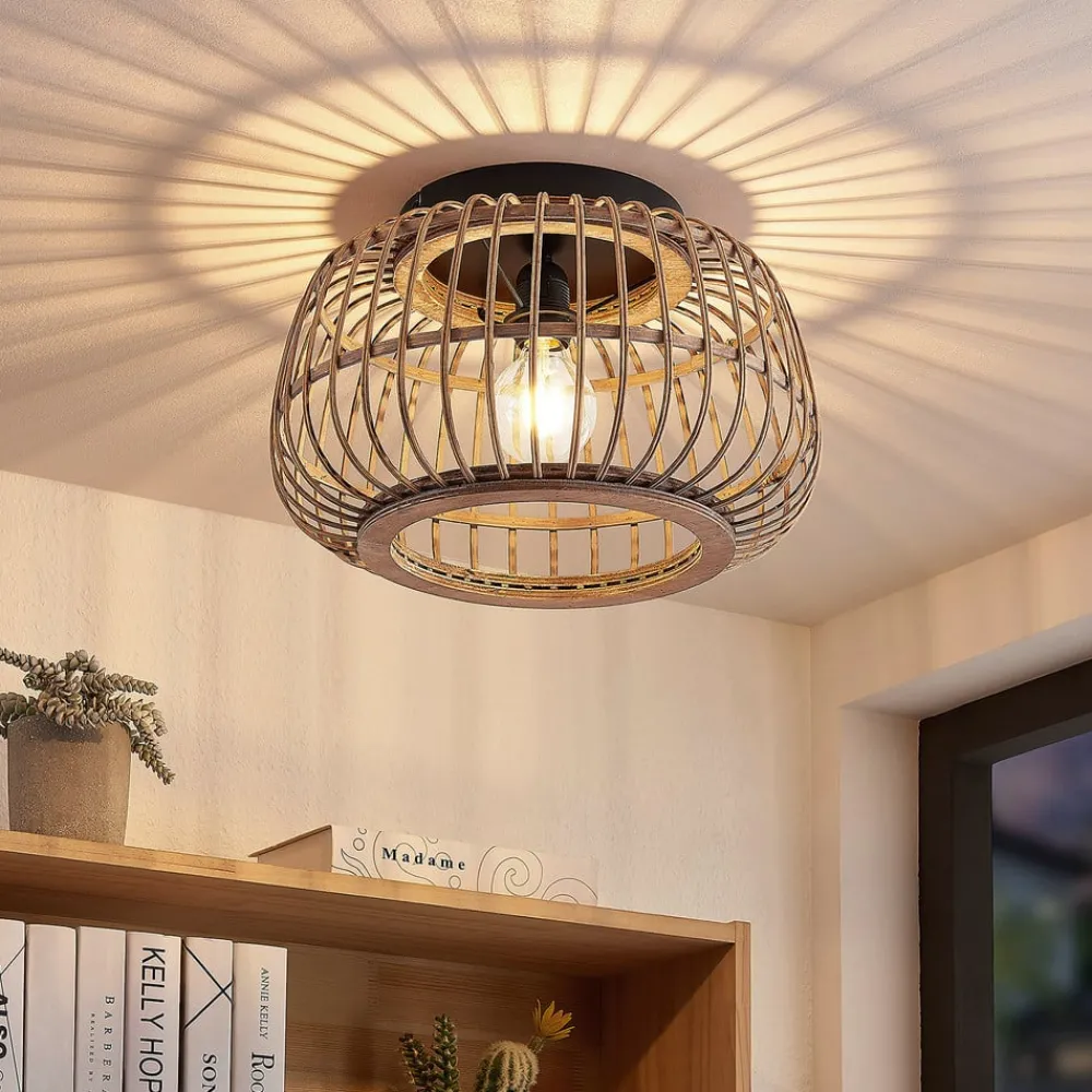 Loftlamper|Loftlamper ^ Lindby loftlampe Bominio, Ø 40 cm, rattan, træ, E27