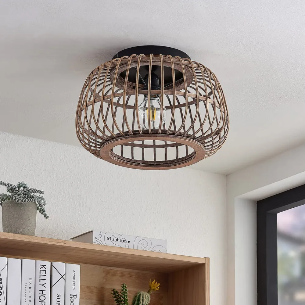 Loftlamper|Loftlamper ^ Lindby loftlampe Bominio, Ø 40 cm, rattan, træ, E27