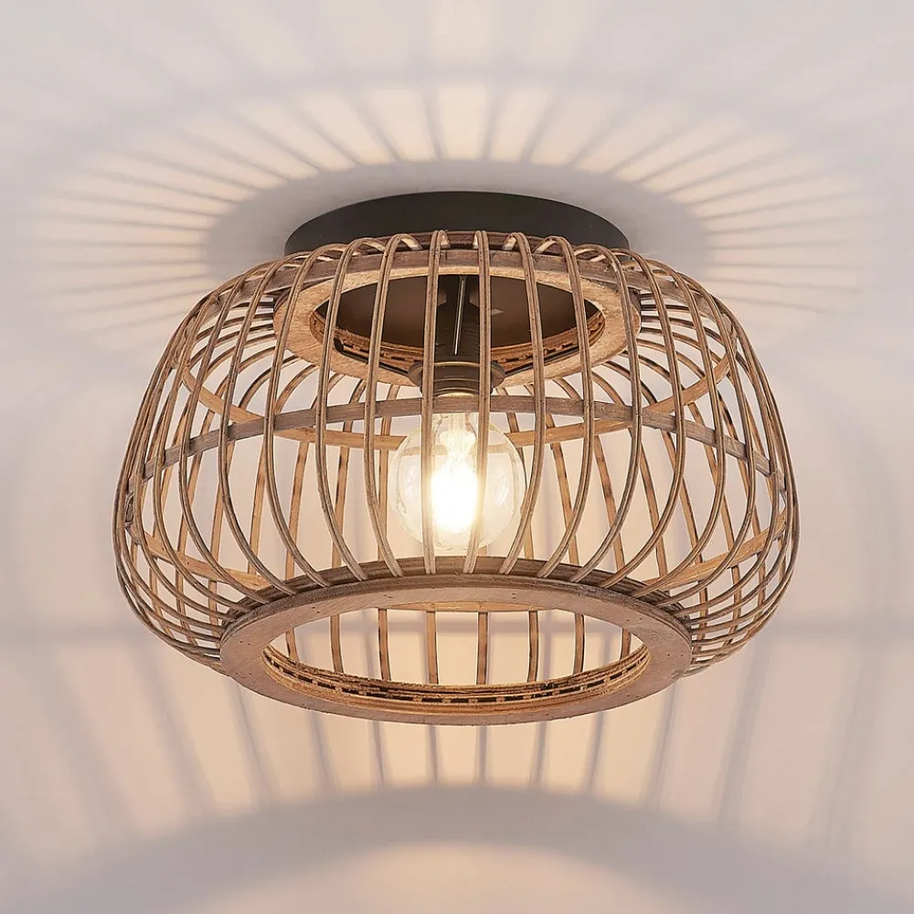 Loftlamper|Loftlamper ^ Lindby loftlampe Bominio, Ø 40 cm, rattan, træ, E27