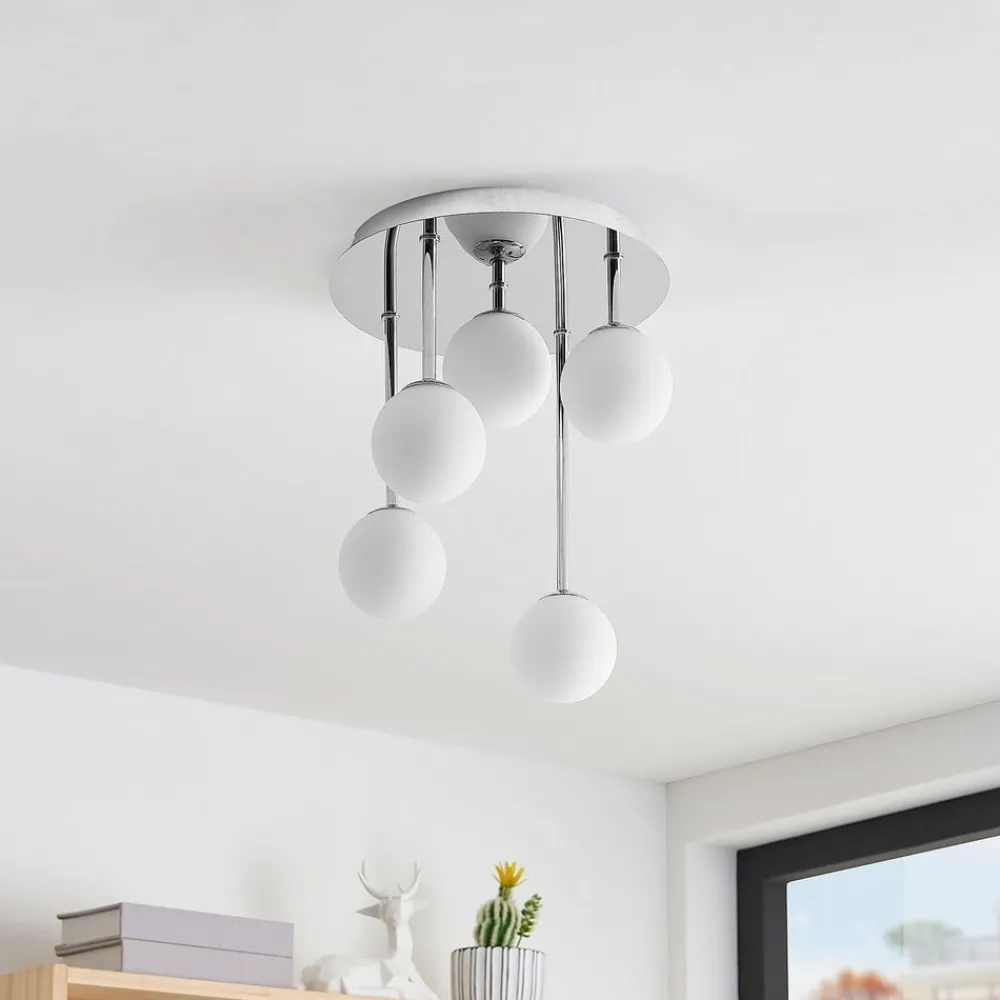 Loftlamper ^ Lindby loftlampe Chrissy, Ø 27 cm, krom, 5 lyskilder, glas