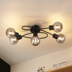 Loftlamper|Loftlamper ^ Lindby loftlampe Elaina, 66 cm, 5 lyskilder, sort/røget, E14