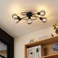 Loftlamper|Loftlamper ^ Lindby loftlampe Elaina, 66 cm, 5 lyskilder, sort/røget, E14