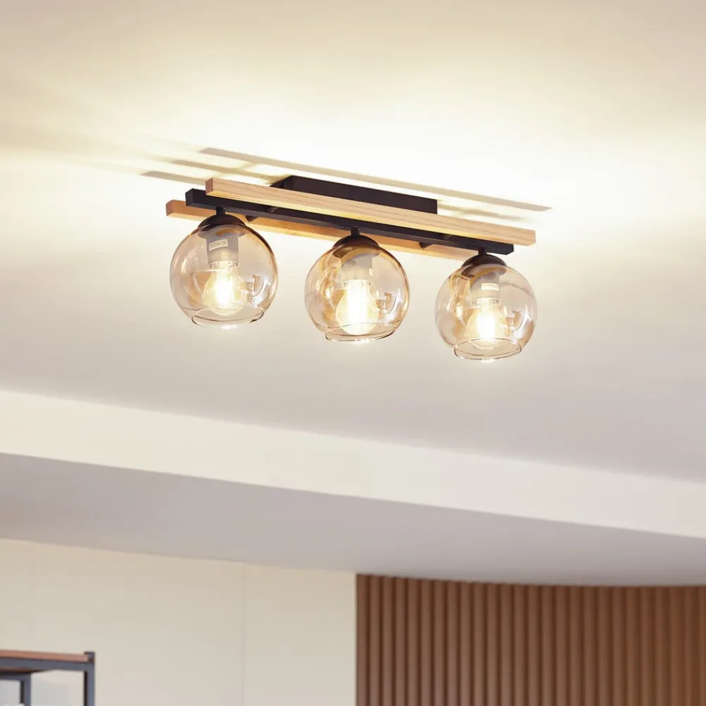 Lindby Gang|Loftlamper > loftlampe Enrique, amber, 3 lyskilder, glas, træ, E27