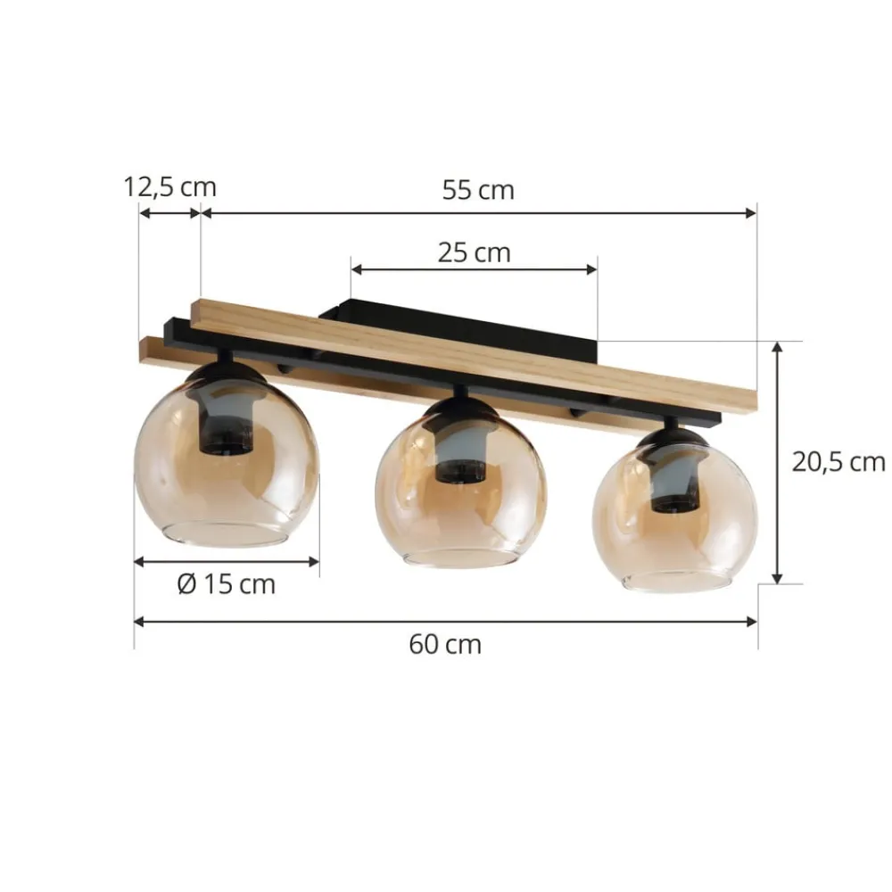Lindby Gang|Loftlamper > loftlampe Enrique, amber, 3 lyskilder, glas, træ, E27