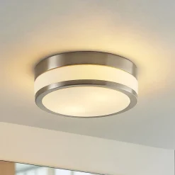 Loftlamper ^ Lindby Loftlampe Flavi, Ø 28 cm, nikkel, glas, IP44, E27