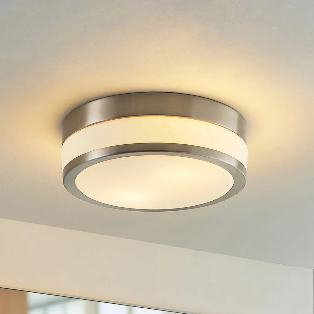 Loftlamper ^ Lindby Loftlampe Flavi, Ø 28 cm, nikkel, glas, IP44, E27