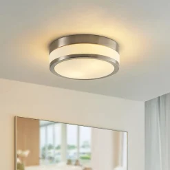 Loftlamper ^ Lindby Loftlampe Flavi, Ø 28 cm, nikkel, glas, IP44, E27