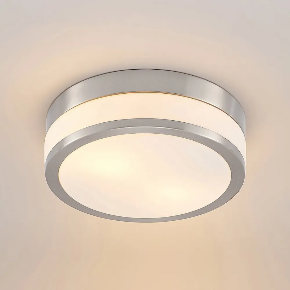 Loftlamper ^ Lindby Loftlampe Flavi, Ø 28 cm, nikkel, glas, IP44, E27