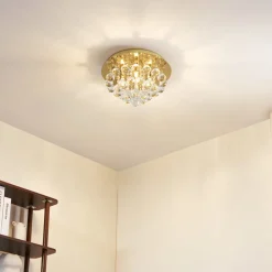 Loftlamper|Pendellamper ^ Lindby loftlampe Gillion, 4 lyskilder, guld, krystal, Ø 35cm