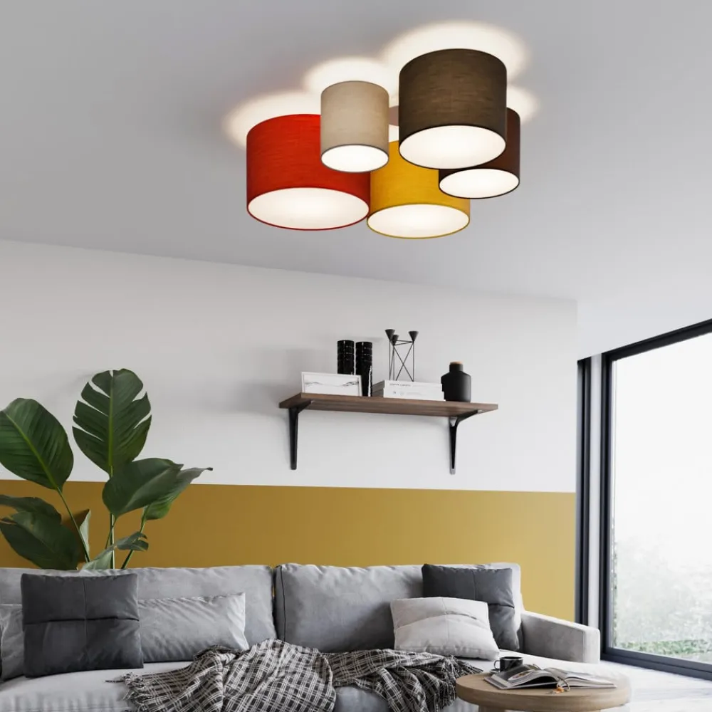 Lindby Gang|Loftlamper > loftlampe Laurenz, 5 lyskilder, 93 cm, rød/gul, tekstil