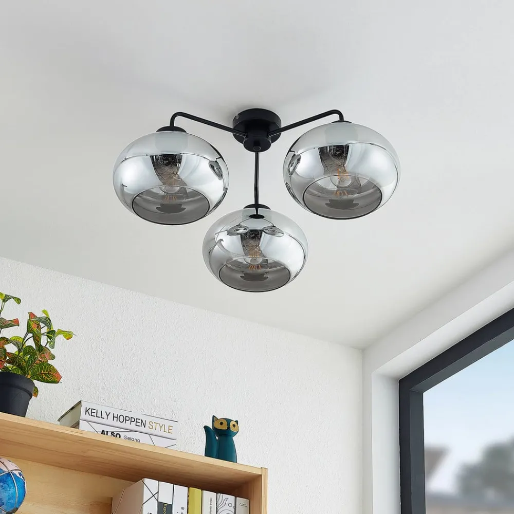 Loftlamper|Loftlamper ^ Lindby loftlampe Navidia, Ø 67 cm, sort, røgfarvet glas